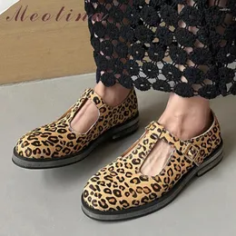 أحذية غير رسمية Meotina Women T-Strap Natural General Leather Flat Round Round Toe Buckle Footies Footwear Spring Autumn Leopard Print 40