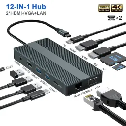 Hubs Dual Monitor USB C HUB Triple Display Docking Station med 2 HDMI VGA Gigabit Ethernet Typec PD SD/TF 3,5 mm adapter för MacBook