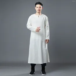 Ethnic Clothing Cotton Linen Men's Robe Ramie Collar Tai Ji Suit Martial Arts Performance Pure Color Split Zen Clothes