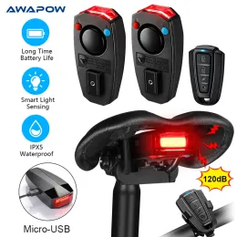 Lampor Awapow cykelljus anti stöld larm trådlöst vattentät automatisk bromsavkänning fjärrkontroll USB -cykel Taillight Horn Lamp Alarm