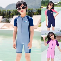 Quick Dry One Piece Swimsuit for Kids Boys Gilrs Swimwear Front Zipper Upf 50 Rash Guards Beach Surf Wating Swim Suit 240415