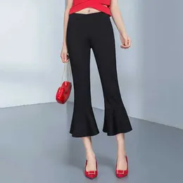 Kadın Pantolon Capris Yaz Yeni Basitlik Çırpınmalar Düz Renk Elastik Bel Balık Tail Capris Femme All-Match Moda Patchwork Yüksek Bel Flare Y240422