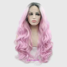 HD Body Wave Highlight Spets Front Human Hair Wigs For Women Hot Selling Long Curly Pink Wig Pannband syntetfiber