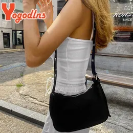 Yogodlns schwarze Nylbeutel Frauen Neue trendige Umhängetasche Vintage Girls Achselbeutel Feste Farbe Handtasche Crossbody SAC O2FR#