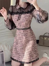 Casual Dresses 2024 Luxury Small Fragrance Lace Mesh Brodery Sequined Stitching Beading Bowknot Tweed Plaid ull En linjeminiklänning