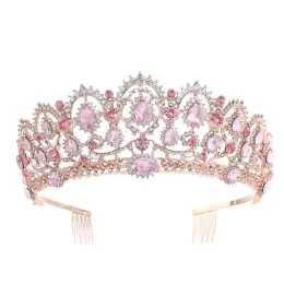 Gioielli rosa corona vintage regina barocca re capelli gioielli tiaran di cristallo di perle e corone con fasce di pettine rhinestone nuziale diadema