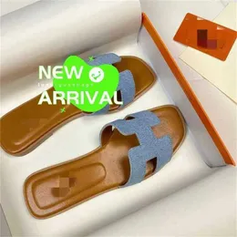 Oran Sandals Sommer Leder -Pantoffeln echtes Leder für neue Low -Heel -Denim -Hausschuhe Damen Mode Outwear Sandal Slippers Womens Echte Lea Mo1l