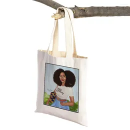 쇼핑 가방 검은 여자 캔버스 쇼핑객 토트 핸드백 재사용 가능한 패션 아름다운 아프리카 소녀 이중 인쇄 캐주얼 가방
