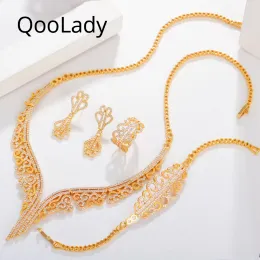 Strands Qoolady Exclusive Indian 585 Altın Renk Tasarımı CZ Lüks Düğün Partisi Küpe Küpe Halka Bilezik Gelin Takı Setleri Z076