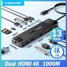 Hubs Lemorele 4k USB Hub USB C To Dual HDMI VGA Gigabit Estação de encaixe USB 3.0 VGA Adaptador SD Leitores de cartão para Windows MacBook Air