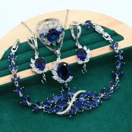 Strands Classic Silver Color Jewelry Set for Women Royal Blue Zircone Bracciale Orecchini collana Pendant Bride Ring Basella regalo gratuita