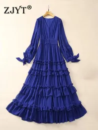 Lässige Kleider Zjyt Runway 2024 Frühlingsfeier Lange besondere Anlass für Frauen elegante Rüschen Chiffon Urlaub Maxi Vestidos Blau Mode