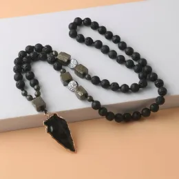 Necklaces Natural Lava Stone Square Shape Pyrite Rosary Bead Necklace For Men Black Obsidian Arrow Pendant Necklace Male Handmade Jewlery