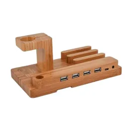 Stands 4 USB Ports 3 in 1 Phone Watch Disassemble Bracket Charging Dock Stand Station Bamboo Base Charger Holder For Smartphone Tablet