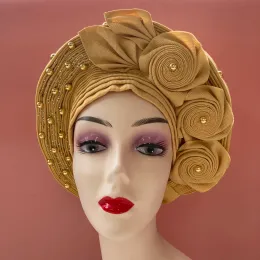 Kleidung afrikanische nigerianische Turbankappe mit Perlen Baumwolle Atemhut Muslimische Schalgel Kopfbedeckung breiter Krempe Auto Gel Aso Ebi Headtie 1Set