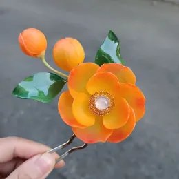 Schmuck Lalavara handgefertigtes Sonnenuntergang Peony Kanzashi für Frauen Herbst Hochzeit Braut Kopfbedeckung