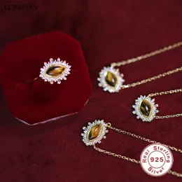 Colares ccfjoyas 100% 925 Sterling Silver Tiger Eye Stone Devil Eye Pingente Colar Ring Set Retro Palace Casamento Jóias finas Conjunto de jóias