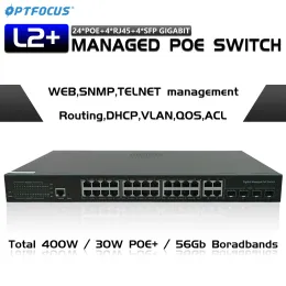 مفاتيح Optfocus L2 Gigabit Poe Switch Hub 24 المنافذ 4 Uplink 4 SFP 10/100/1000MBPS 52V 400W AP 802.3AT AF لكاميرات الشبكة