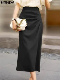 Herbst Elegante Röcke 2023 Vonda Women High Taille Plissee Midi Rock Casual Side Bottoms Solid Color Streetwear 240420