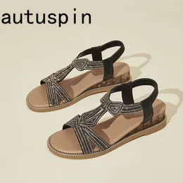 Freizeitschuhe Autuspin Böhmische ethnische Frauen Sandalen sanft Komfort Sommer Damen Elastizität Band Leisure Wedges Sandale Frau Frau