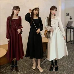 Casual Dresses Corduroy Basic Dress For Outwear Indoor Wear French Mori Gal Style Embroidery Burgundy Long Length 2024 Winter