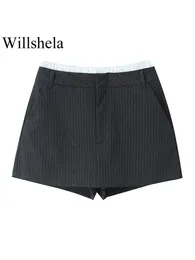 Willshela kvinnor mode lapptäcke randig främre blixtlås mini kjolar shorts vintage hög midja kvinnlig chic lady 240407