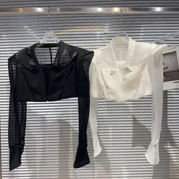 검은 흰색 얇은 선 스크린 정장 짧은 재킷 숄더 패드 메쉬 블레이저를위한 코트 크롭 크롭 카퀴 타스 블레이저 페미니노 240417