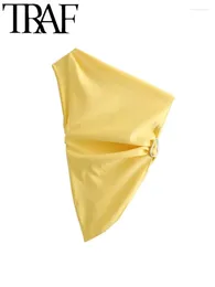 여성용 블라우스 2024 여성 노란색 폴드 비대칭 최고 캐주얼 한 어깨 슬림 소매 셔츠 여름 y2k 여성
