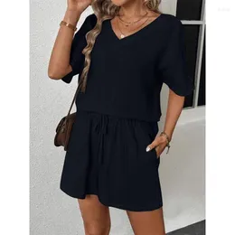 Mulheres femininas Crep de algodão casual Crep 2 peças conjuntos sexy decote em V de manga curta tops largos shorts de traje de traje de traje de dormir roupas de roupas de dormir