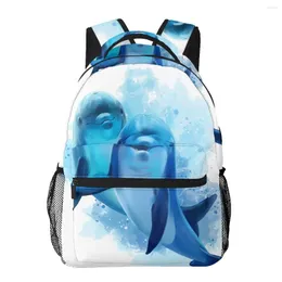 Backpack Casual Simple Women For Teenage Travel Shoulder Bag Two Blue Dolphins Watercolor