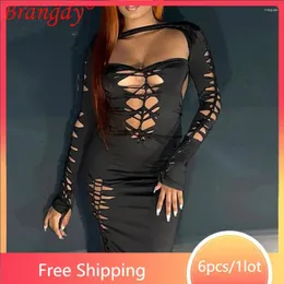 Sıradan Elbiseler 6 PCS Toptan Ürünler Kadınlar İçin Toplu Öğeler Seksi Hollow Out Zarif Bodycon Vestscon Moda Uzun Kollu Kulüp Wear B10681