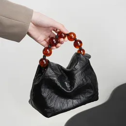 Drawstring Chinese Beaded Bag Personality Niche Head Layer Cowhide Female Hand Grip Pattern Lunch Box Handheld Diagonal