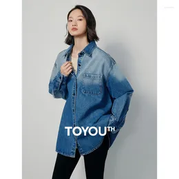 Jackets femininos Toyouth 2024 Spring Noffriend estilo mulheres gradiente jeans casaco de manga longa camisa de blusa solta camisa de roupa externa