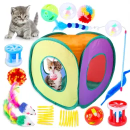 Toys 15PCS Interactive Cat Toys for Indoor With Collapsible Cat Tent Tunnel Feather Toy Teaser Wand Mouse Toy Bell Balls Drum