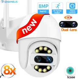 카메라 8mp PTZ 카메라 쌍안경 IP 카메라 WiFi 듀얼 렌즈 8x Zoom 미니 캠 자동 트랙 무선 비디오 감시 ICSEE Alexa Security