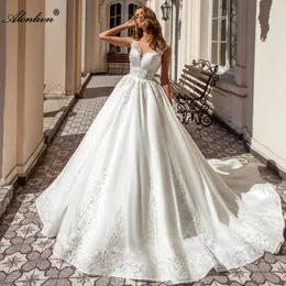 Abito da sposa a-line di pizzo in pizzo lucido delicato perle perle Appliques Abiti da sposa a pavimento