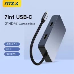 Hubs MZX 7 em 1 Estação de ancoragem 2 HDMicompatible MST 4K 30Hz HDML USB 3 0 Extensão de cubo Tipo C Tipo USBC PD100W Dock Concentrador