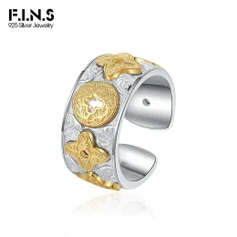 반지 F.I.N.S Original S925 Pure Sterling Silver Gold Tangcao 패턴 색상 대비 오픈 반지 와이드 릴리프 조절 가능한 손가락 보석