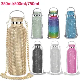 350ml500ml750ml Bling Diamond Thermos Garrafas portátil Glitter Glitter Rhinestone Garrafa Crossbody Stainless Flask térmico 240422