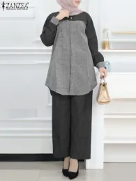 의류 Zanzea Autumn Women Plaid Checked Checked Muslim Sets 2pcs 터키 Abaya Tracksuits 빈티지 긴 슬리브 패치 워크 블라우스 바지 정장