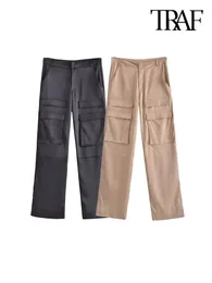 TRAF Women Fashion With Pockets Satin Cargo Pants Vintage High Waist Zipper Fly Female Trousers Mujer 240420