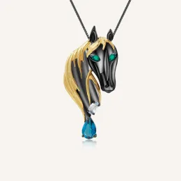 Pendants GEM'S BALLET Natural London Blue Topaz Gemstone Zodiac Jewelry 925 Sterling Silver Personality Horse Pendant Brooch For Women