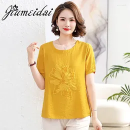 Camisetas T Women Jiumeidai-Women Solid Bordado e blusas Bloups Summer feminino Retro Short Blouse Fashion Clothes 2024