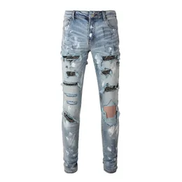 Men Crystal Skinny Stretch Jeans Streetwear buracos rasgados calças angustiadas pintando calças de retalhos 240417