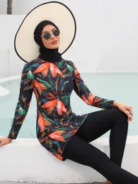 Kleidung 2022 Bescheidener muslimischer Ahornblatt -Blatt -Druck Langarm Bademode 3pcs Islamic Burkinis Badeanzug