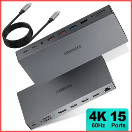 Estações para laptop estações de docking, doca USB C, adaptador HDMI duplo para 2 monitores com DP, VGA, USB 3.2, leitor de cartão SD/TF, Ethernet, 100W PD