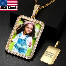 Colares Medalhões quadrados Colar de fotos personalizadas de personalidade pendente de gravura de gravação de zircão cúbico para jóias masculinas de hip hop