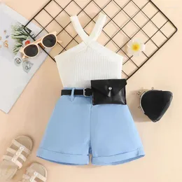 Clothing Sets FOCUSNORM 2 Colors Fashion Kids Girls Summer Clothes 1-6Y Sleeveless Ribbed Tank Tops Solid Shorts Waist Bag