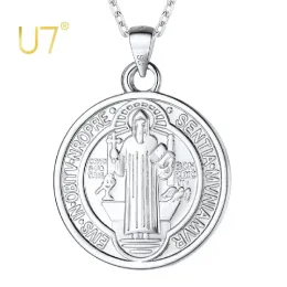 Necklaces U7 925 Sterling Silver Coin Saint Benedict Necklace Dainty Chain Sacramental Medal Pendant Religious Catholic Unisex Jewelry