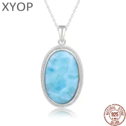 Halsband 925 Sterling Silver smycken gåvor Klassiska hänge halsband naturliga ädelt larimar retro kvinna oval charm rodium pläterat guld